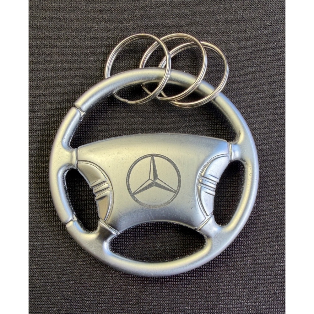 Mercedes Benz Steering Wheel Keychain Silver Metal 3-Ring Car Key Fob Accessory